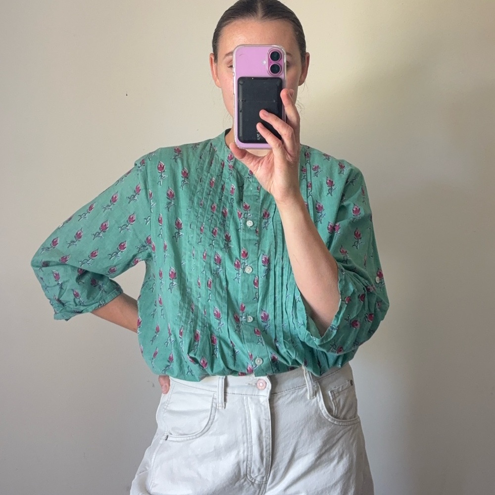 Floral Block Print Button Down Blouse Tunic Top 3/4 Sleeve Womens Medium
